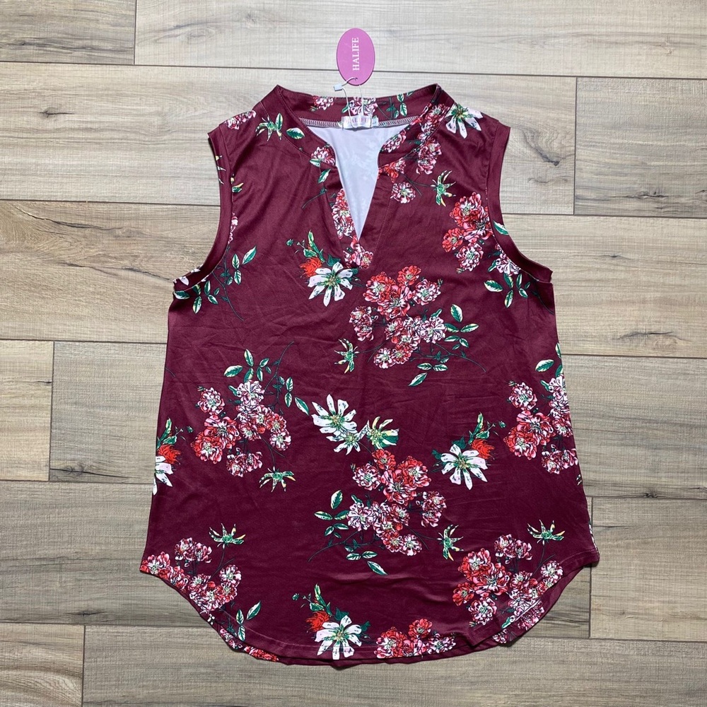 Halife Women's All Over Floral Print Tank Top‎ Size Large Burgundy